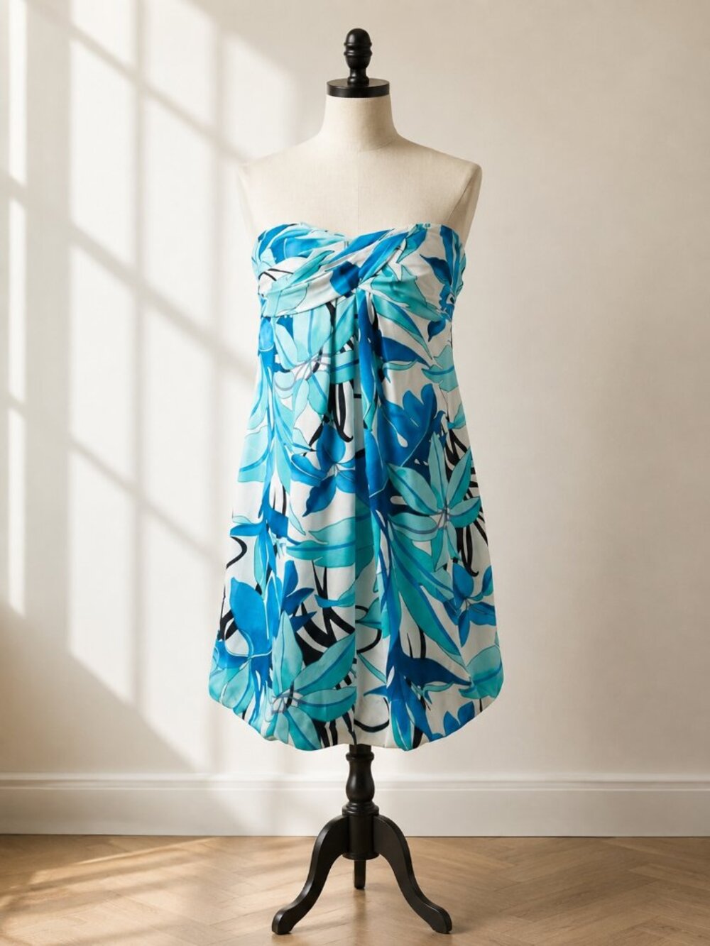 Cache Silk Floral Strapless Bubble Hem Mini Dress 6 Blue White Y2K Vintage Party